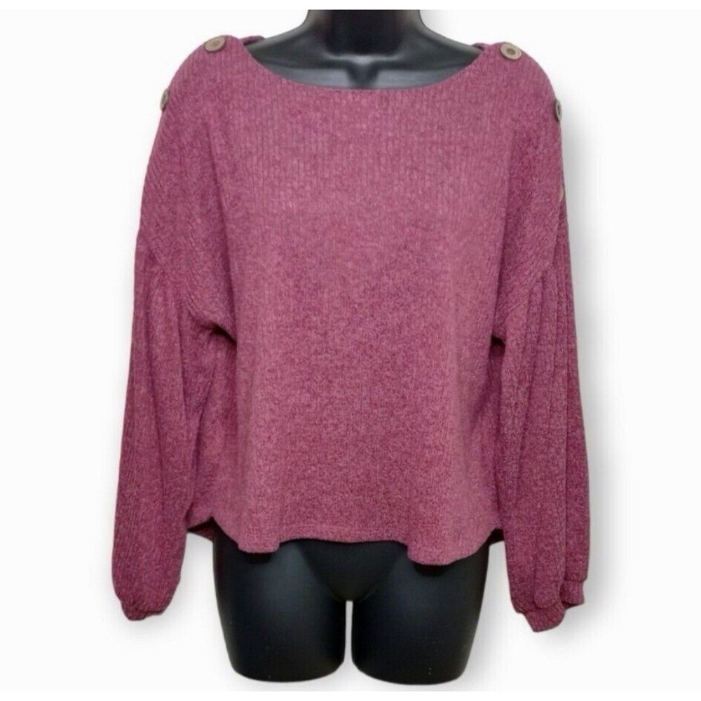 Liberty Love Pink Mauve Cropped Ribbed Button Accent Bubble LS Sweater Top Lg